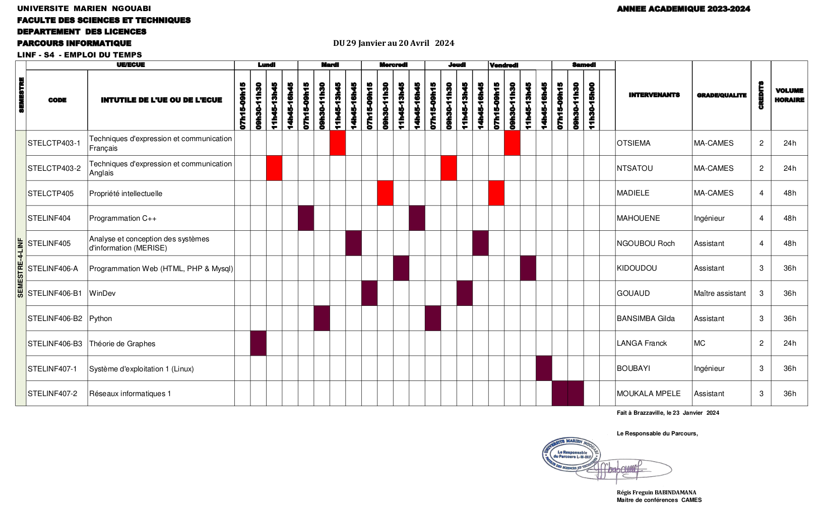 Emploi du temps S4